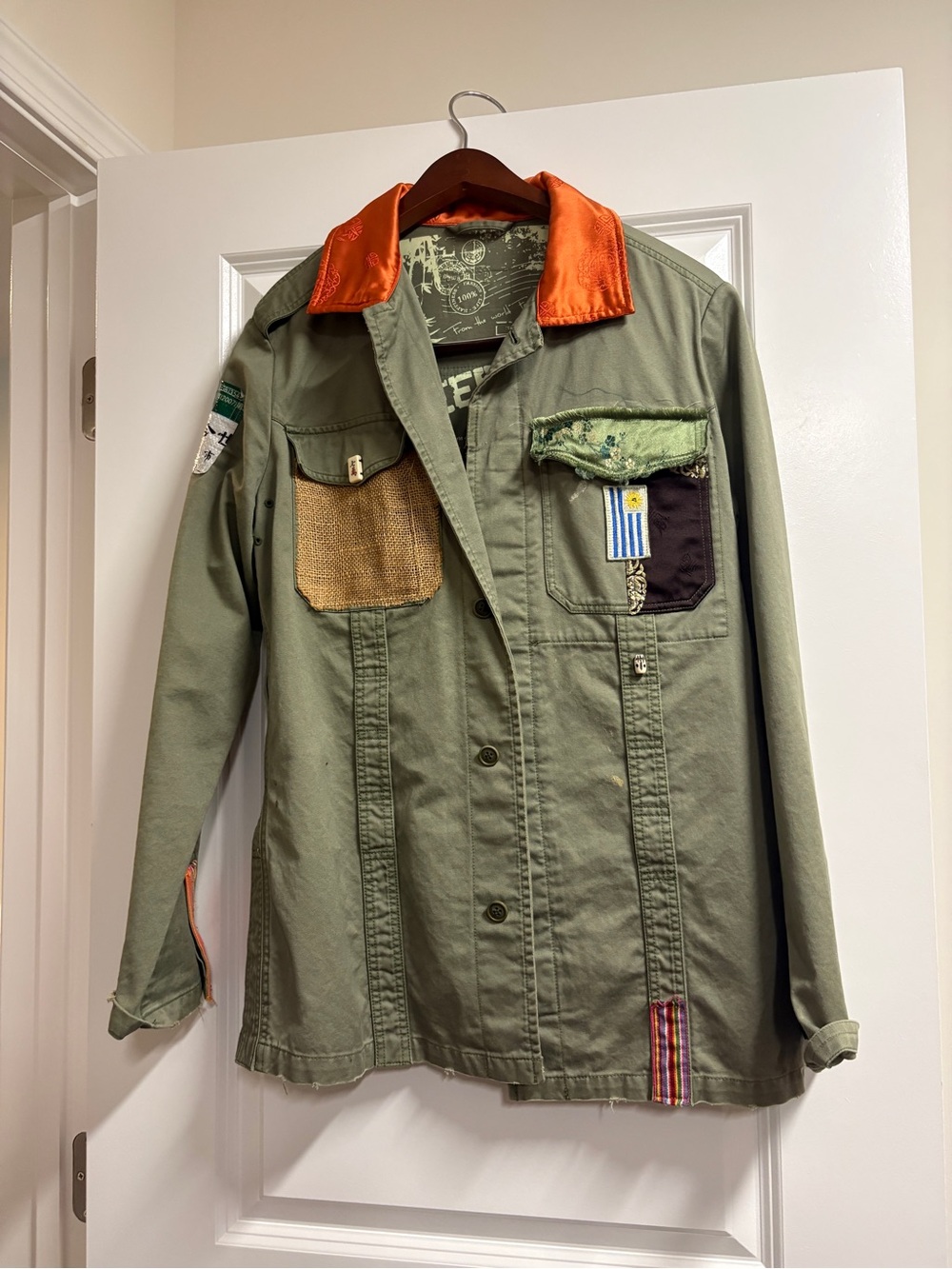 Womens Military-Inspired Patchwork Jacket - Olive with Orange Collar